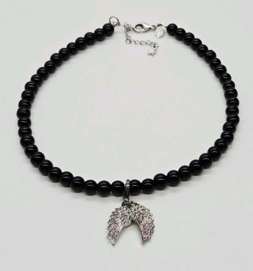 Kirks Folly Necklace Expect Miracles Angel Wing Black Beaded Silver tone 8 mm