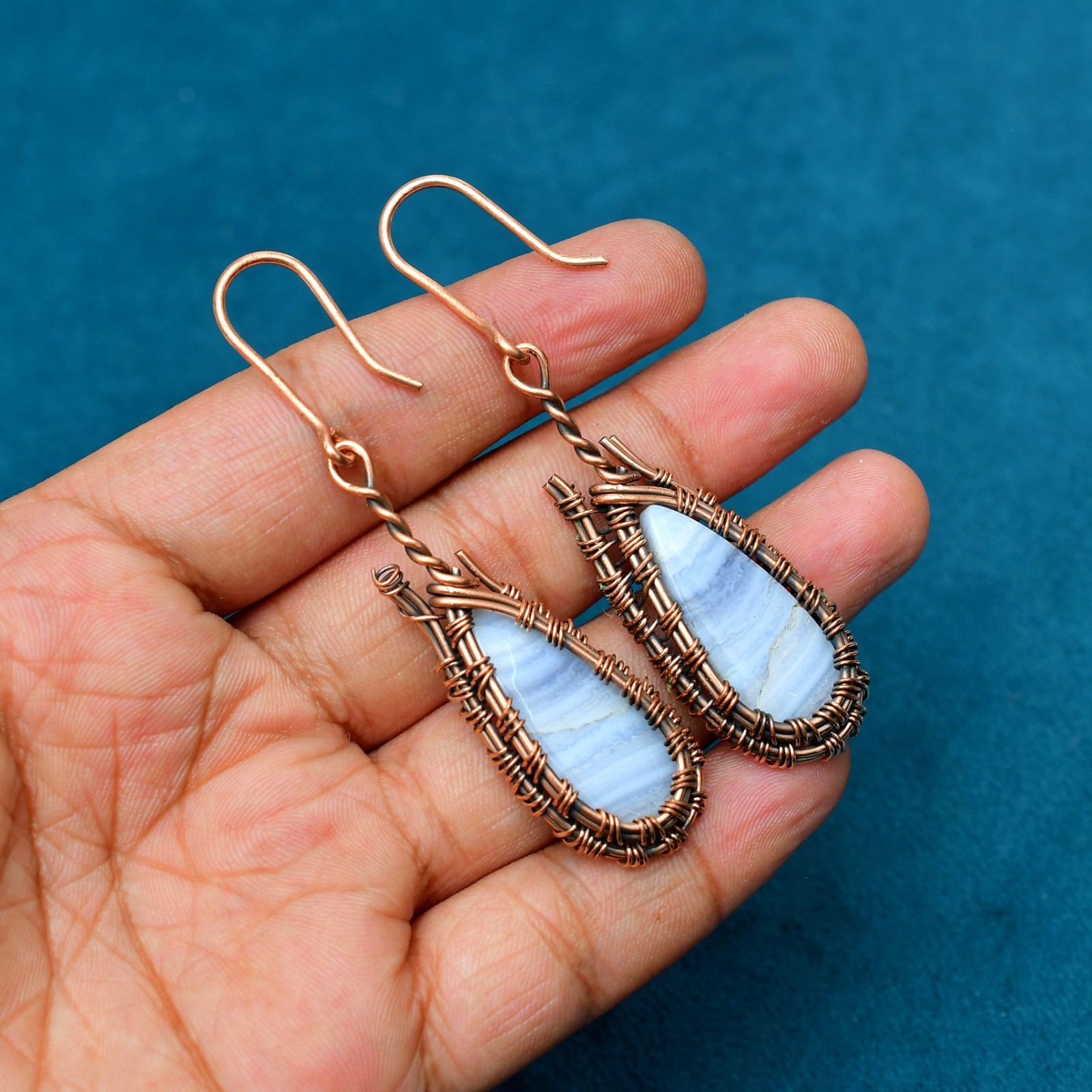 Blue Lace Agate Gemstone Handmade Copper Ethnic Jewelry Earrings 2.83″