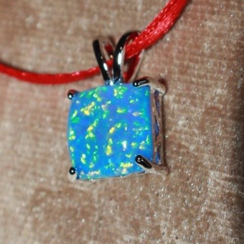 inlaid lab fire opal necklace pendant gems silver plate jewelry square oval