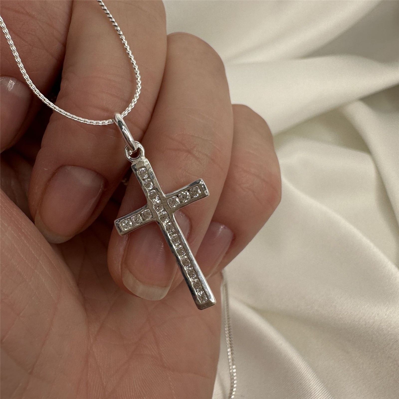 Sterling Silver & CZ Crystal Cross Necklace 16 18 20 22 Inches