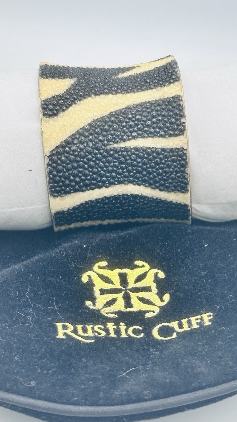Rustic Cuff Wide Zebra Stripe Shagreen Style Cuff Black Ivory Goldtone
