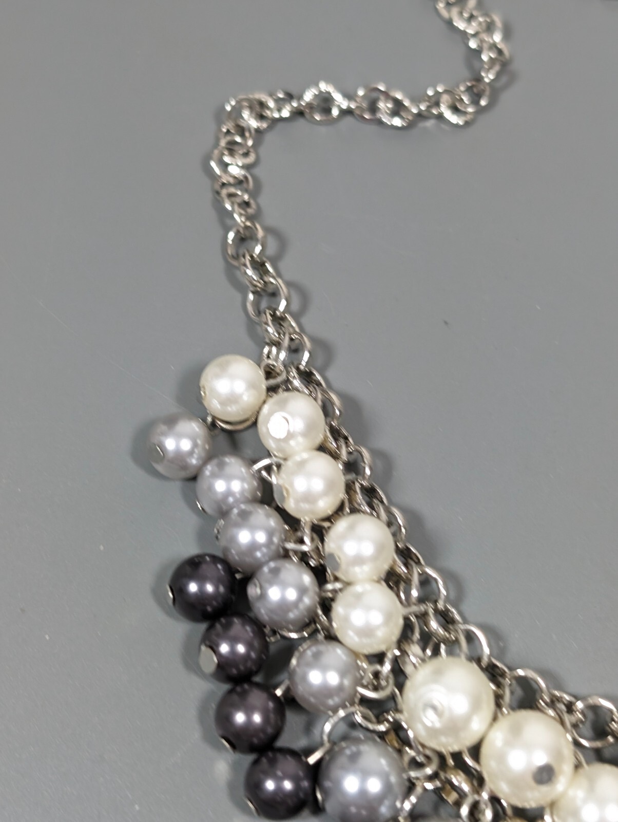 Silver Tone White Gray Faux Pearl Charm Bib Statement Necklace 19 inch Ombre