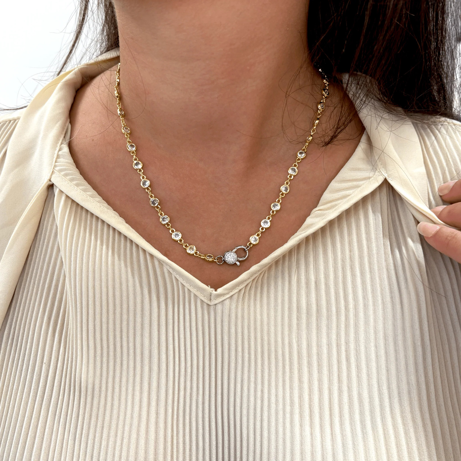 NEW Freida Rothman Gold Pear Mini Bezel Brass Necklace Chain w/ Pave Clasp #MR