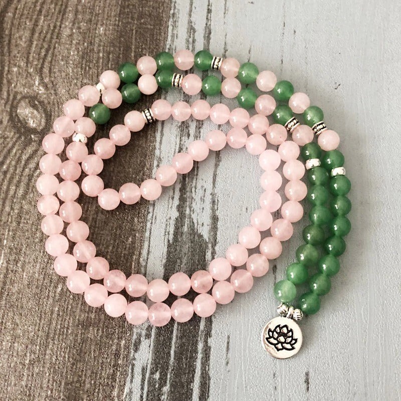 108 Beads Mala Rose Quartz Green Aventurine Healing Stone Bracelet Necklace