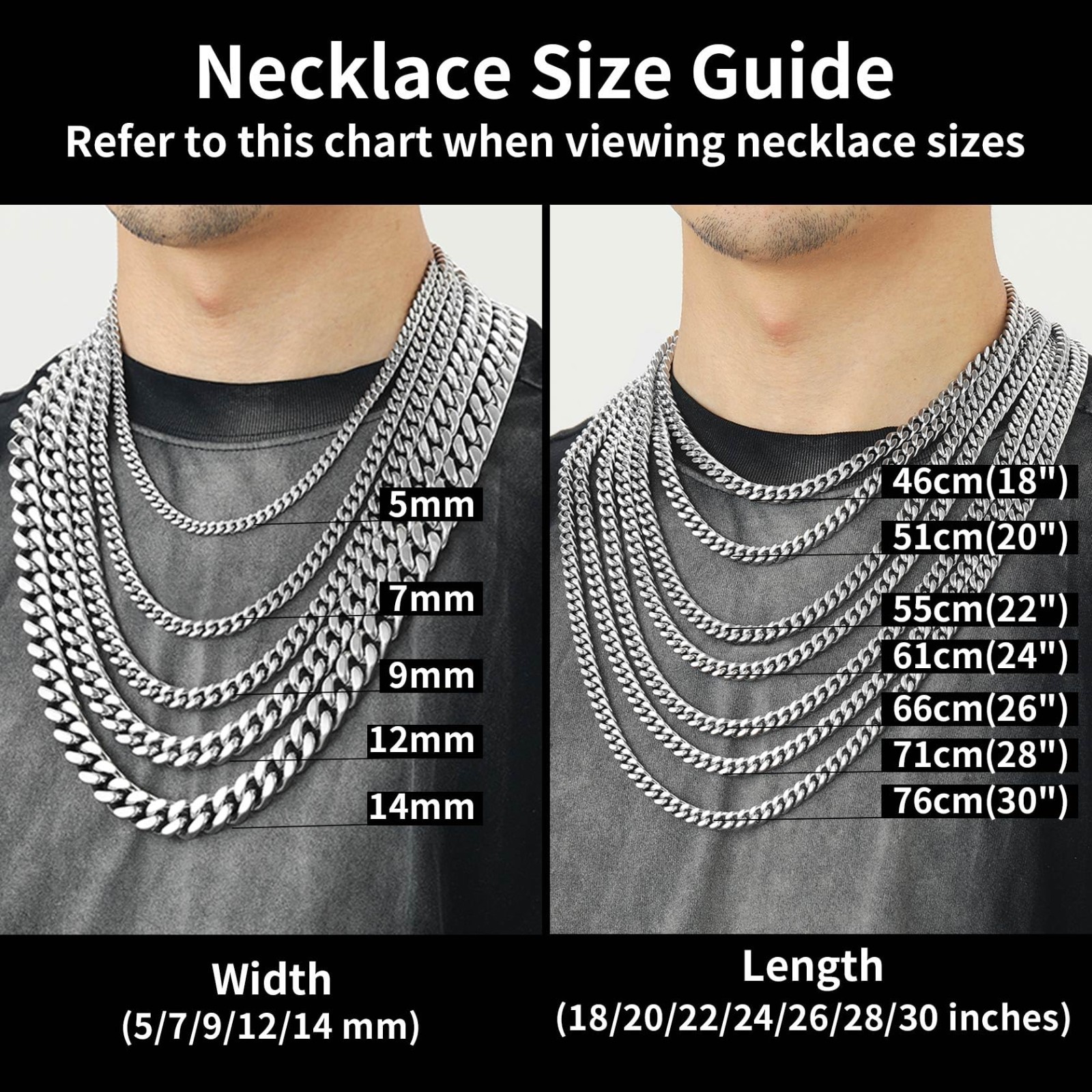 Stainless Steel Men’s Cuban Link Chain Necklace – Black & Gold Plated, 5mm-14mm