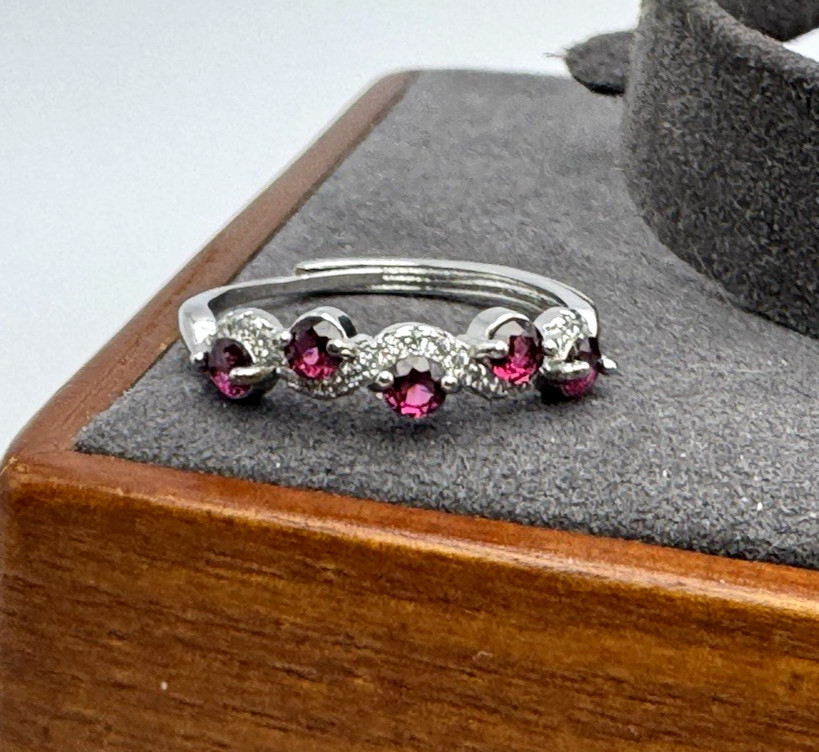 Genuine Mozambique Garnet Adjustable Ring Size 8 Silver Plated White CZ Accent