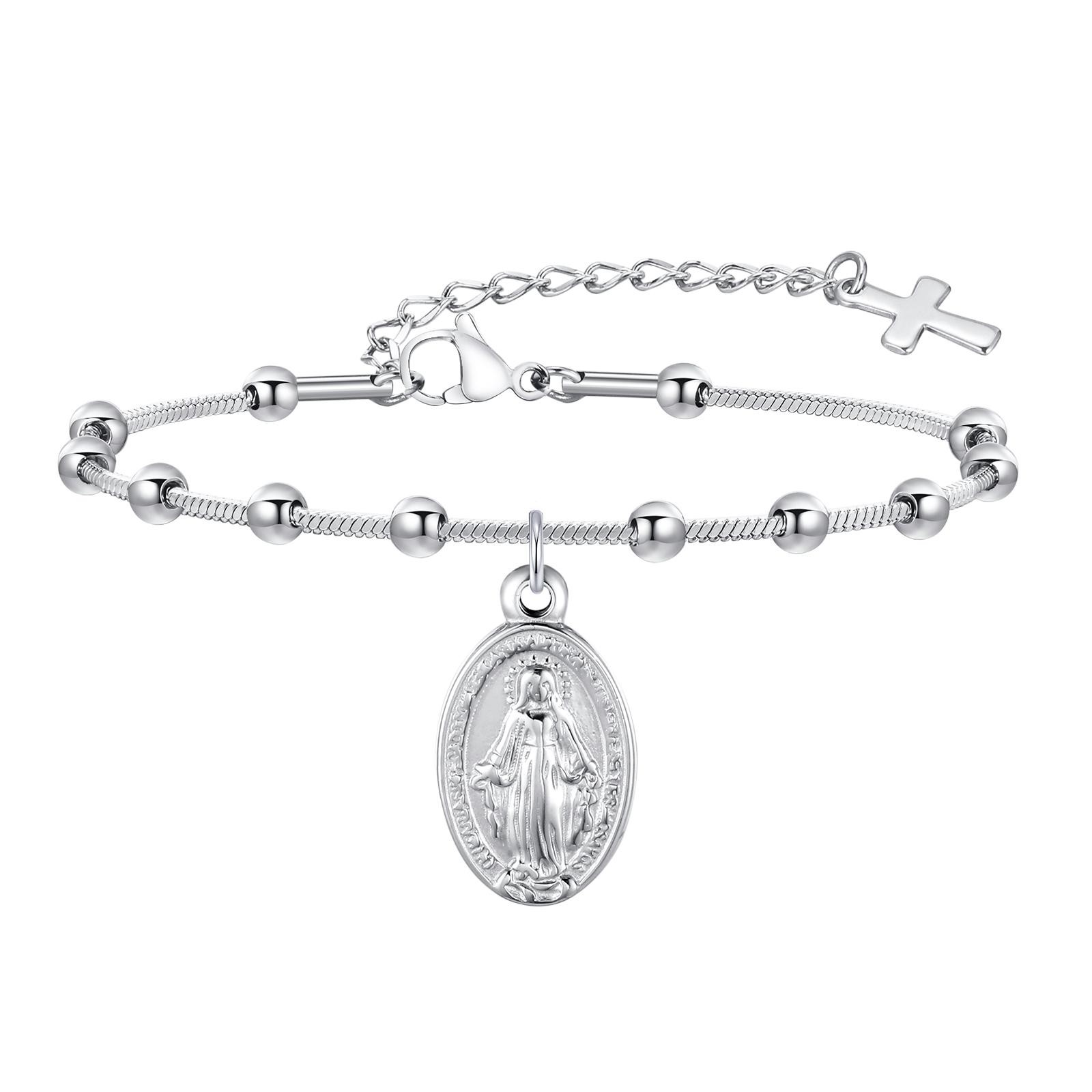 Women’s Rosary Bracelet – Virgin Mary Cross Religious Stainless Steel Jewelry