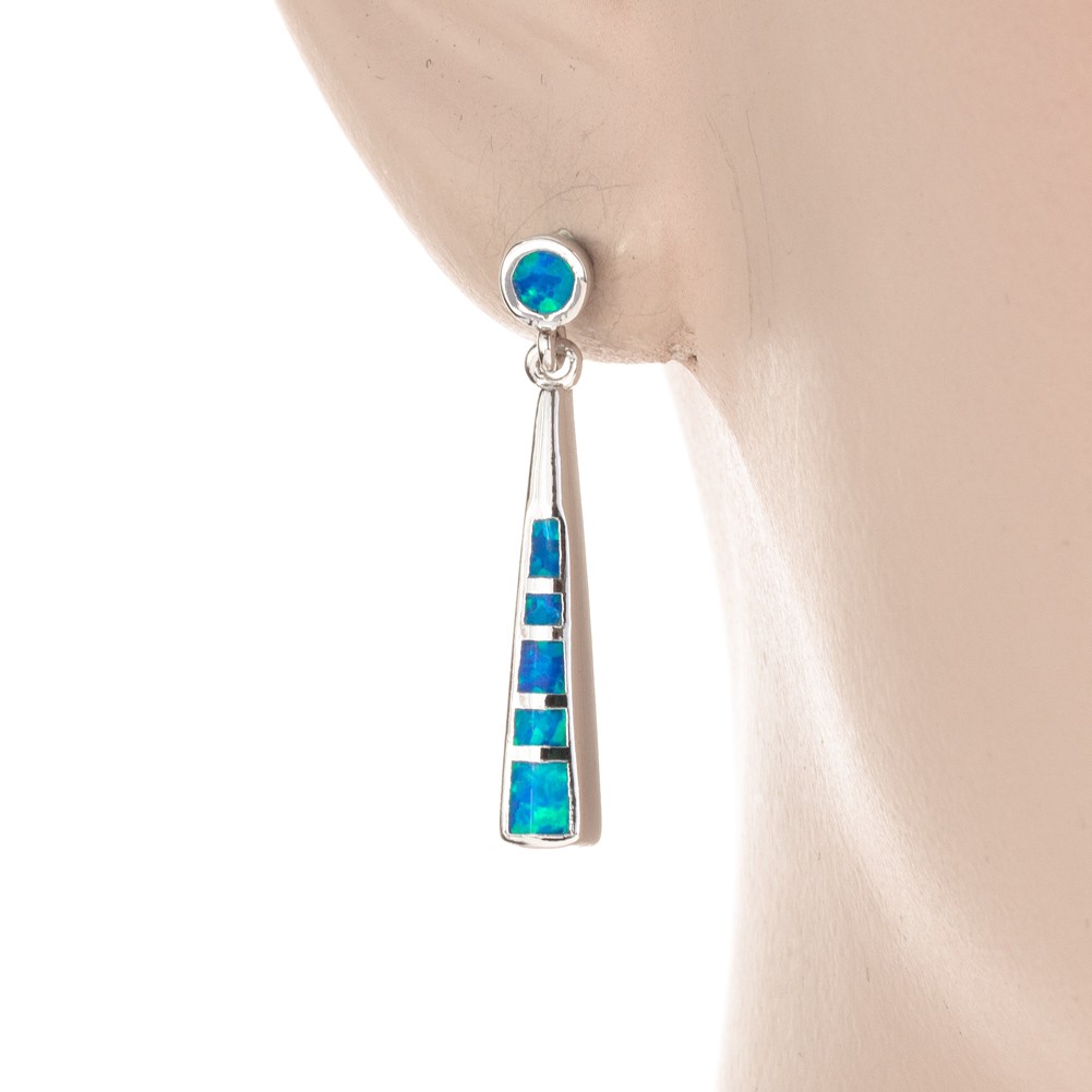 Stick Shape Ocean Blue Fire Opal Silver Jewelry Drop Pierced Earrings
