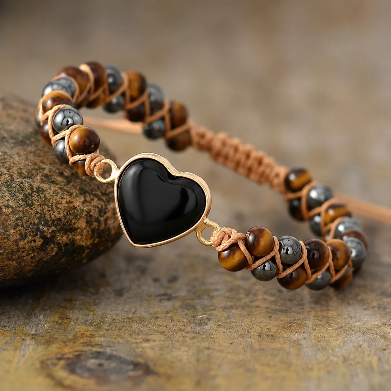 Triple Protection Bracelet Tiger Eye Obsidian Hematite Heart Braided Jewelry