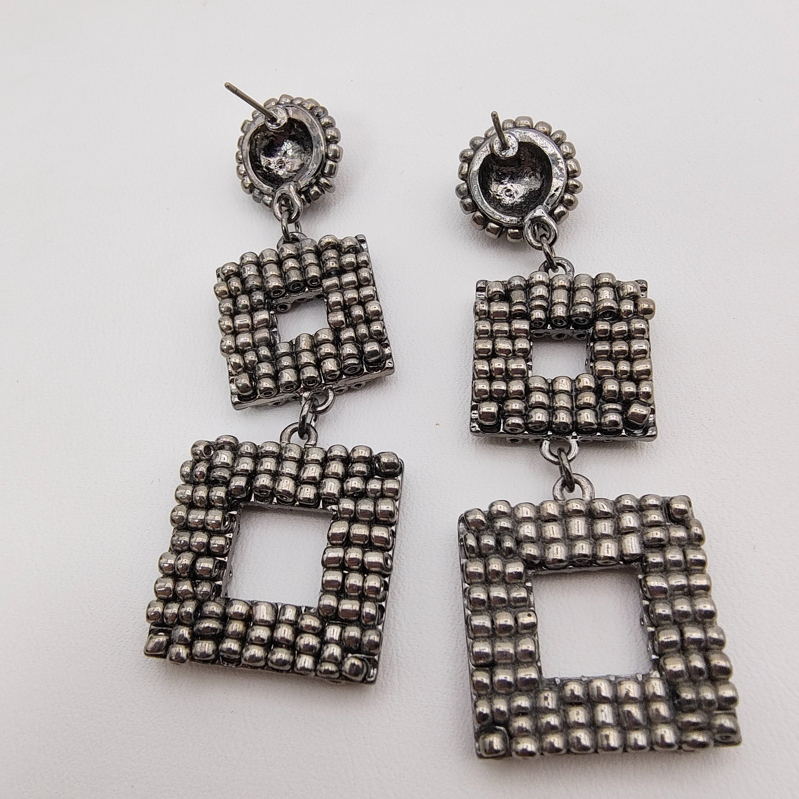 Geometric Maximalist Dangle Statement Earrings Gunmetal Beaded Industrial Chic