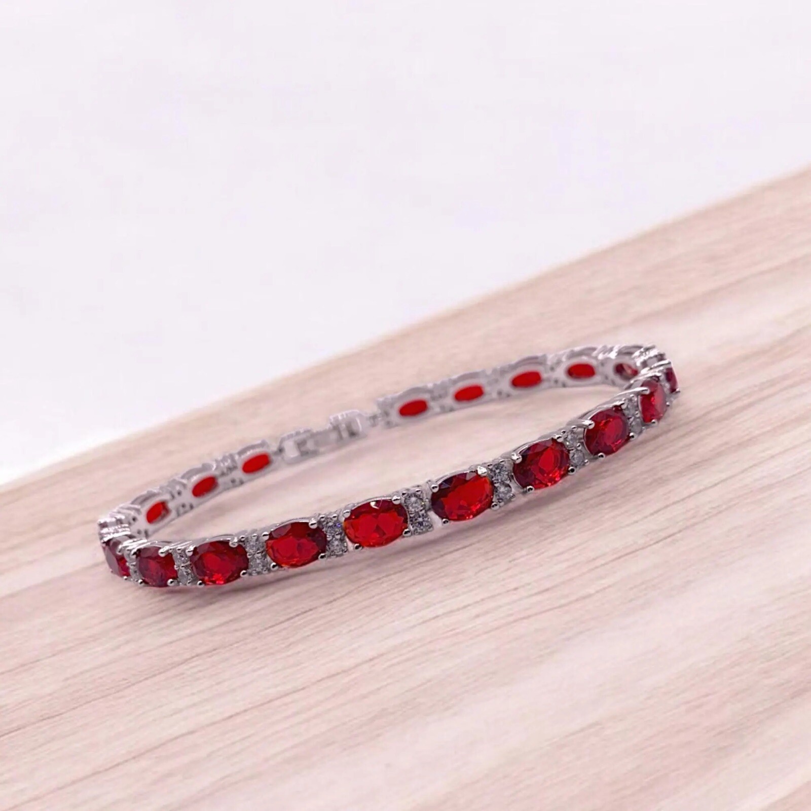 Red Ruby July Birthstone Oval Cut White Gold Bracelet – Free Gift Box Included
