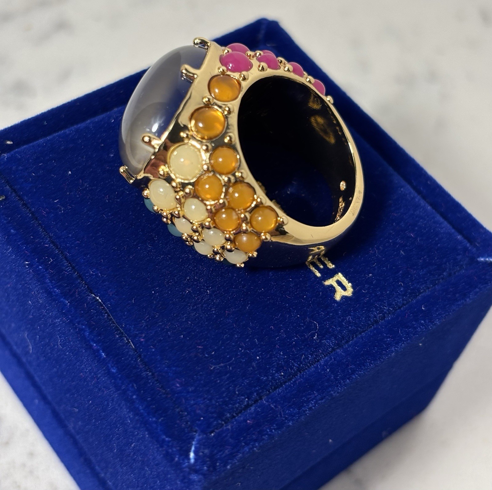 Statement Gold Tone Multicolor Cabochon Ring Size 8 Blue Stone New Box