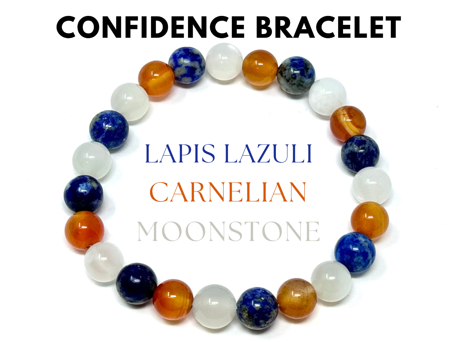 Confidence Bracelet: 8 mm Beads (Carnelian, Lapis Lazuli, & Moonstone Crystals)