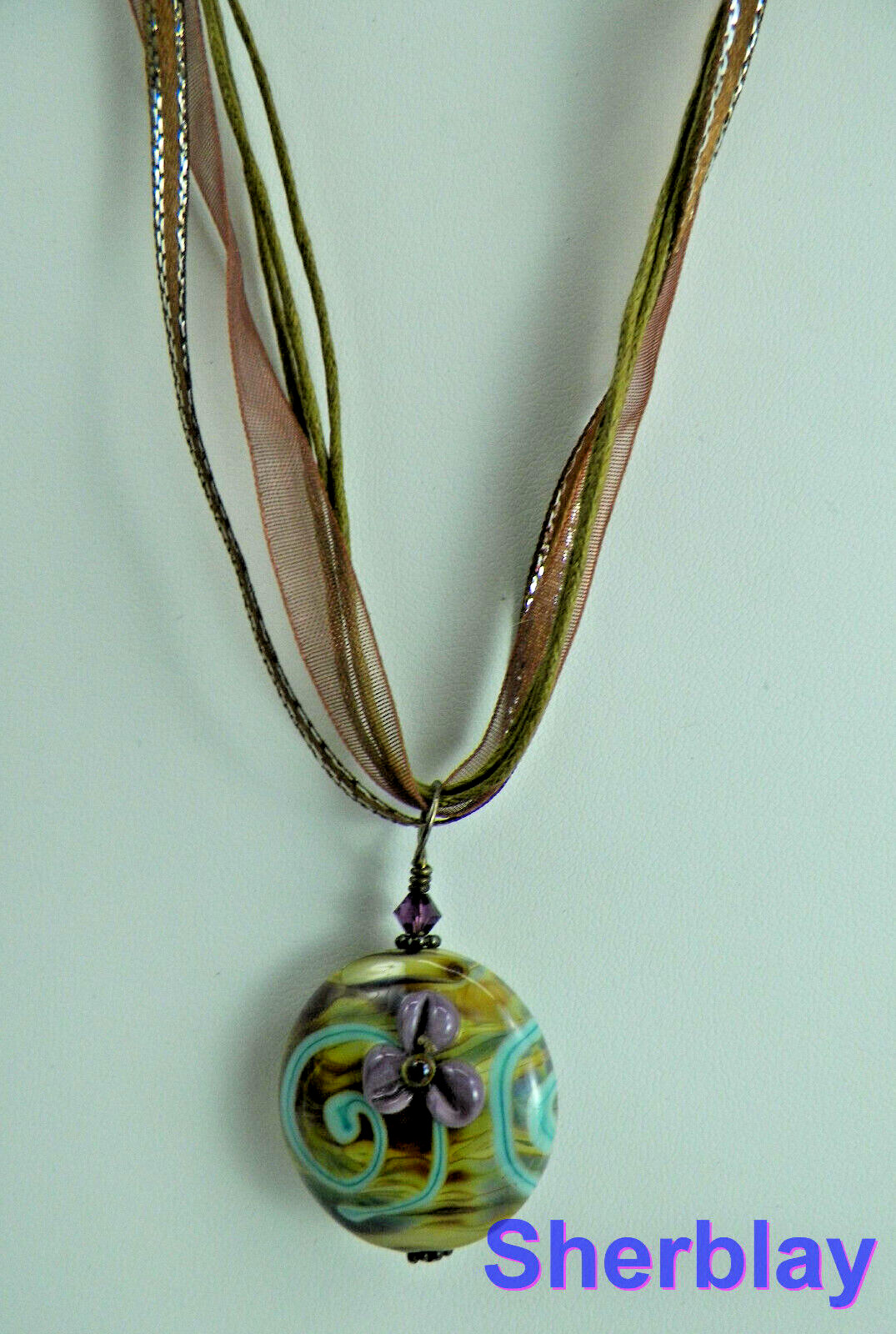 Fashion Jewelry MultiColor Round Art Glass Pendant Cord Lace Statement Necklace