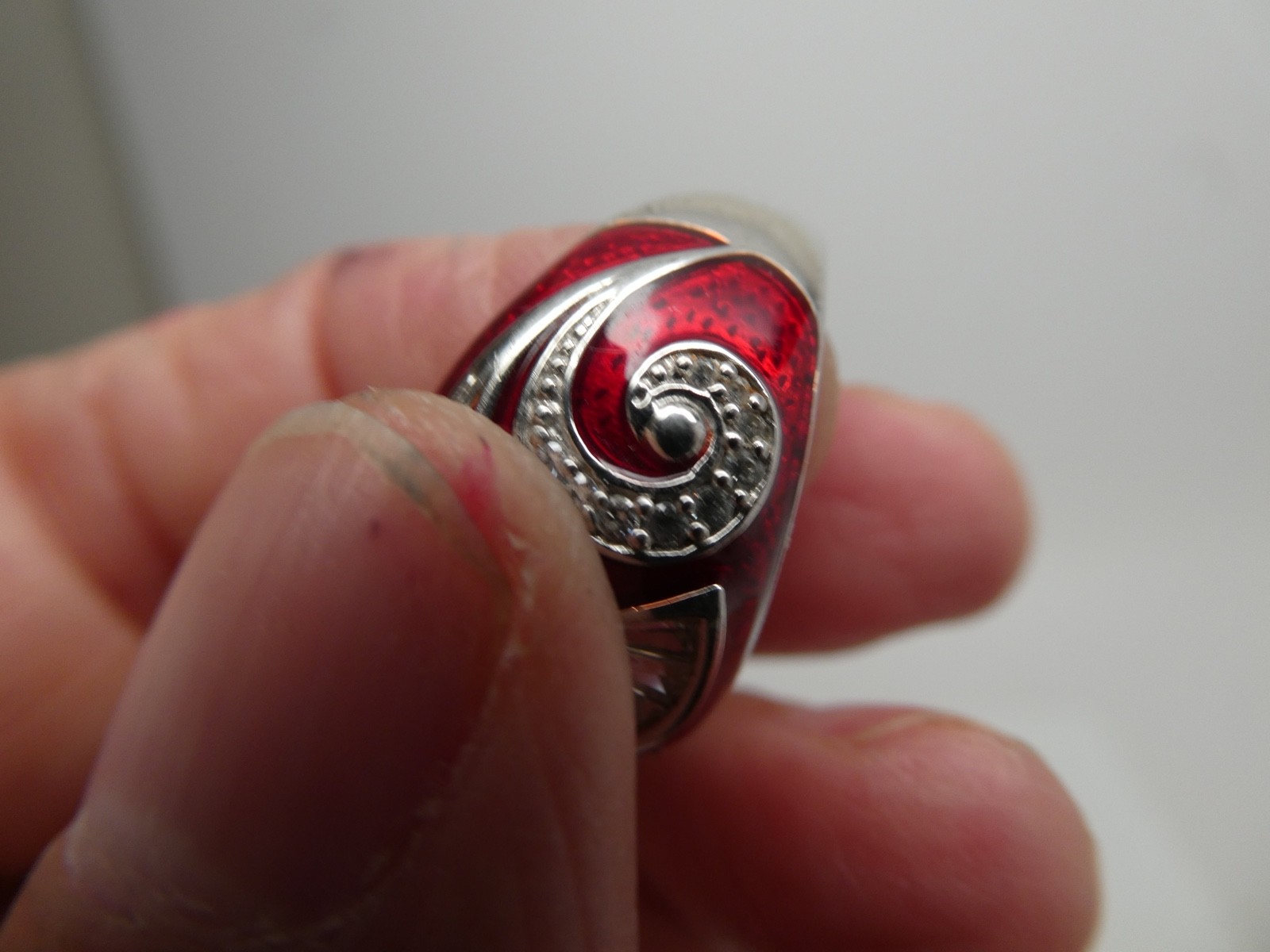 Victoria Wieck Dome Red Enamel & CZ Sterling Silver 925 Poppy Flower RING Size 8