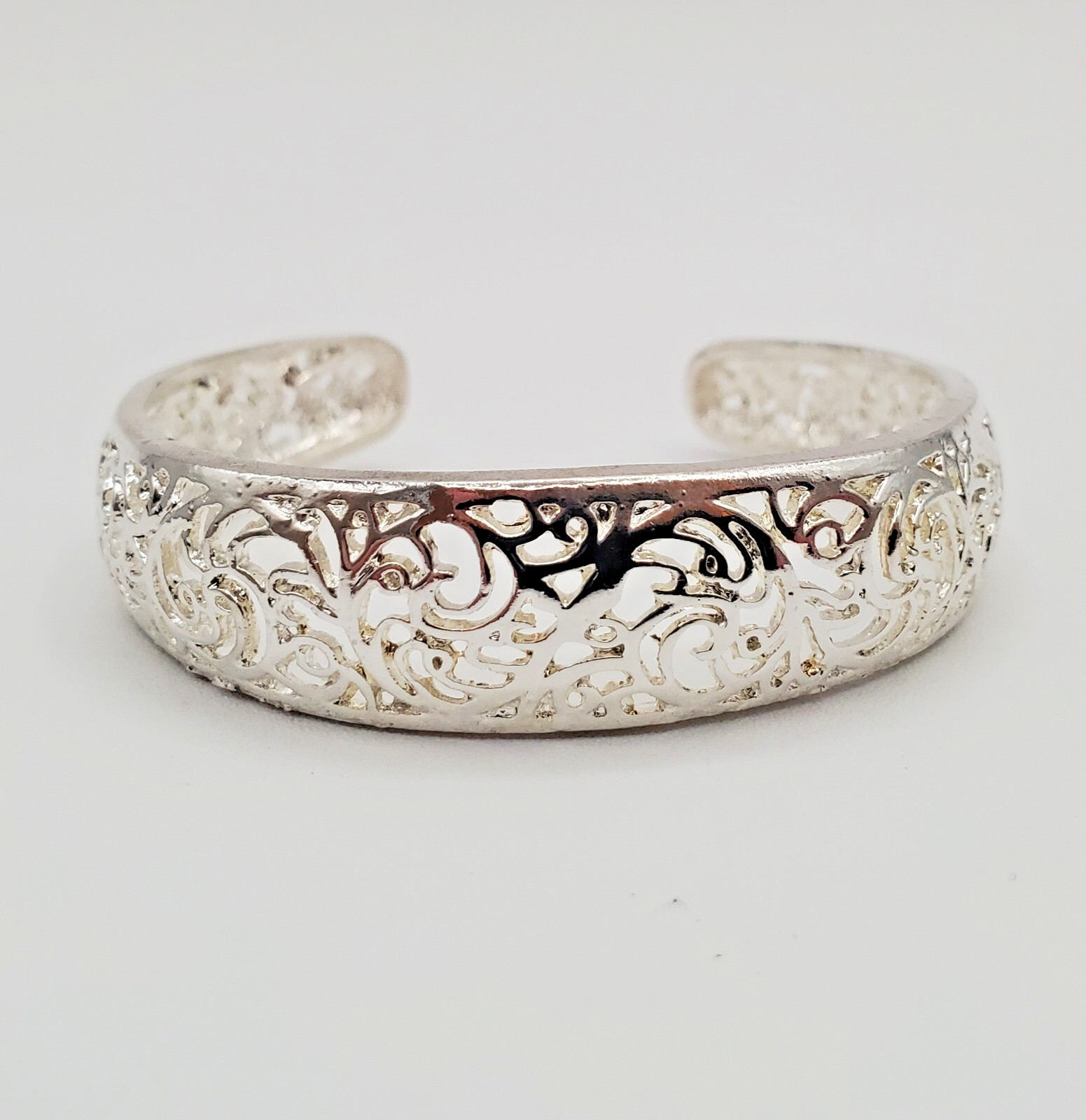 Filagree Cuff Bracelet 6in Polished Silver Tone Metal Small Wrist Snug Fit