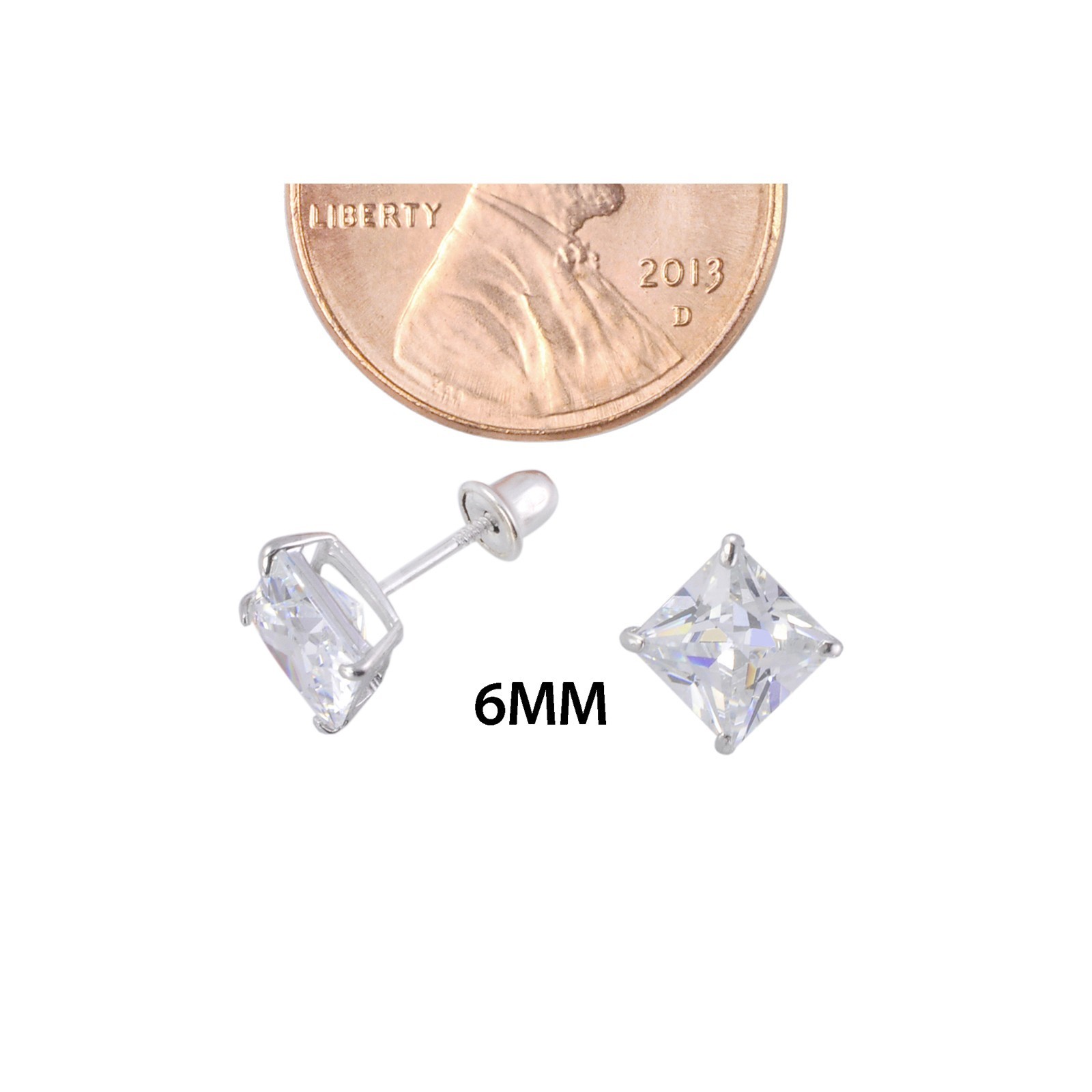 Square 14k White Gold Earrings Clear Princess Cut CZ Studs Screw back Basket Set
