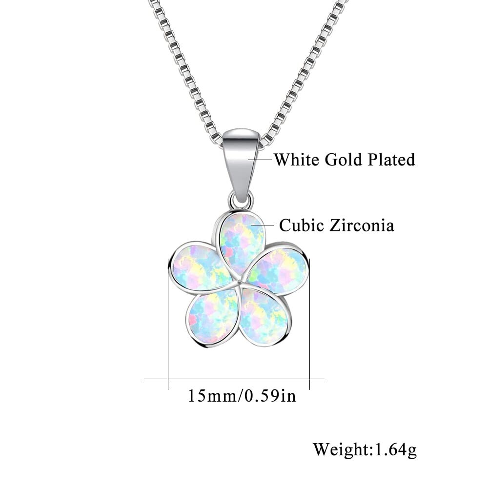 Hawaiian 15mm White Fire Opal Plumeria Necklace Silver Filled For Women Girls