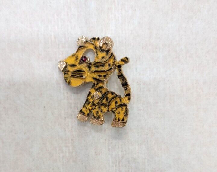 Gold Tone Yellow Black Whimsical Tiger Red Eye Gem Fashion Brooch 1.25″H X 1″W
