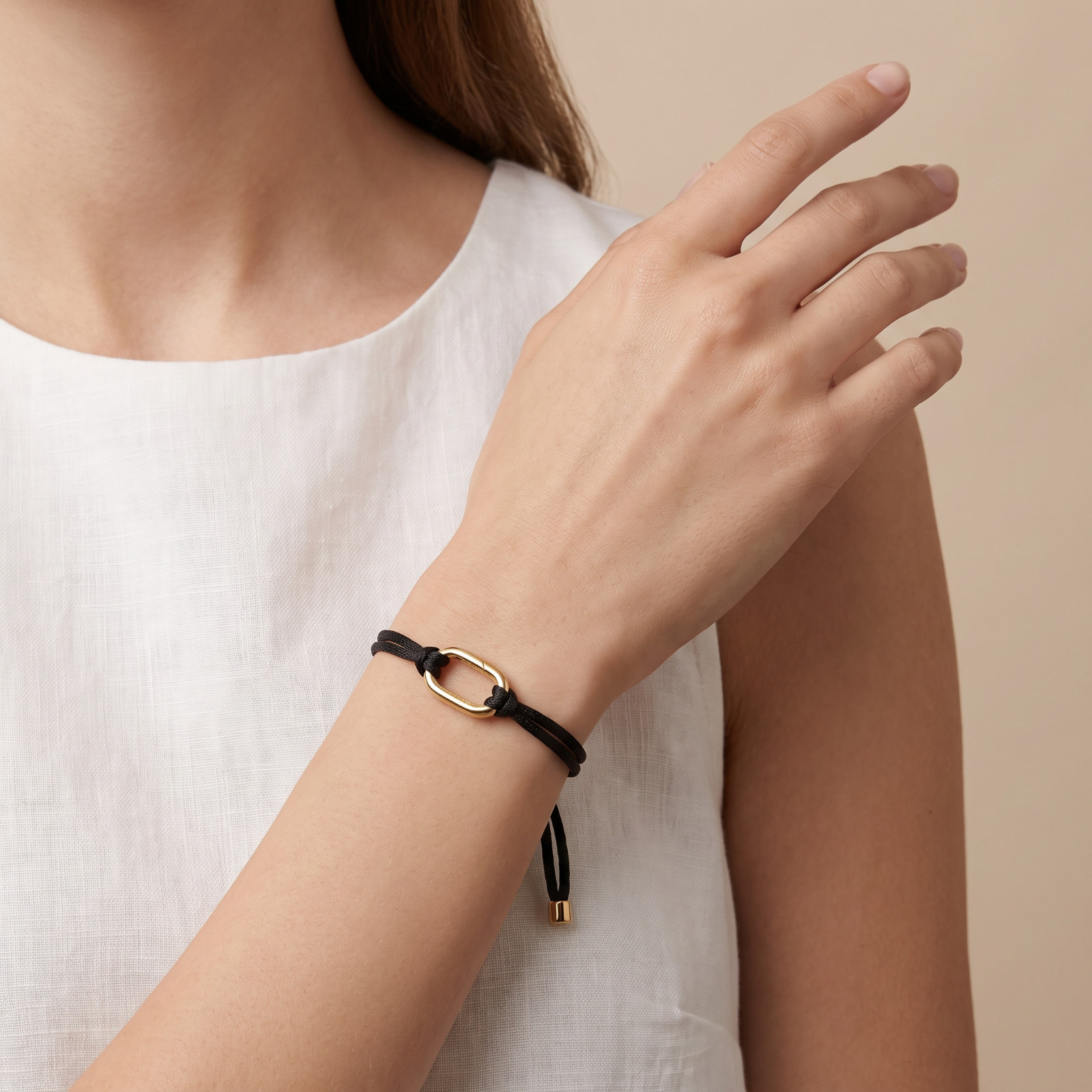 Adjustable Black Cord Bracelet Gold Plated Oval Link Minimalist Gift