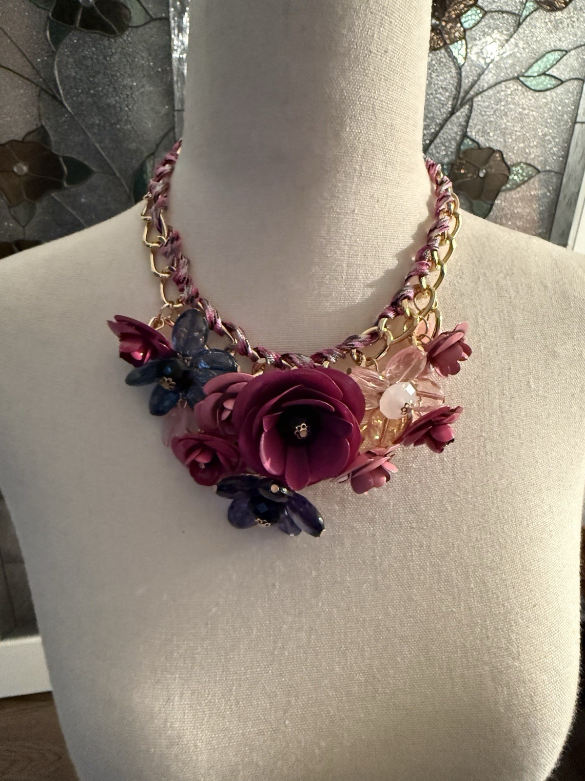 Purple Floral Statement Necklace Gold Tone Link Chain Flower Charm Pendant