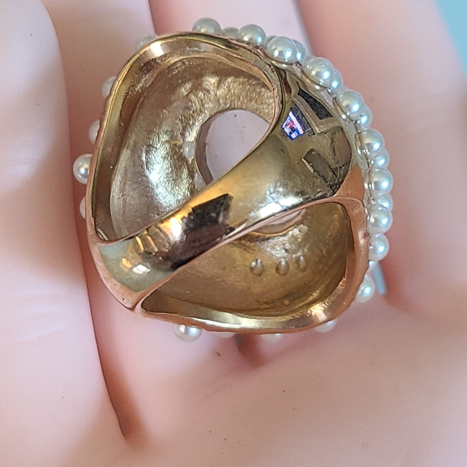 GORGEOUS Bronzetone Faux Pearl Cluster Cats Eye Cabochon Cocktail Ring 8.5
