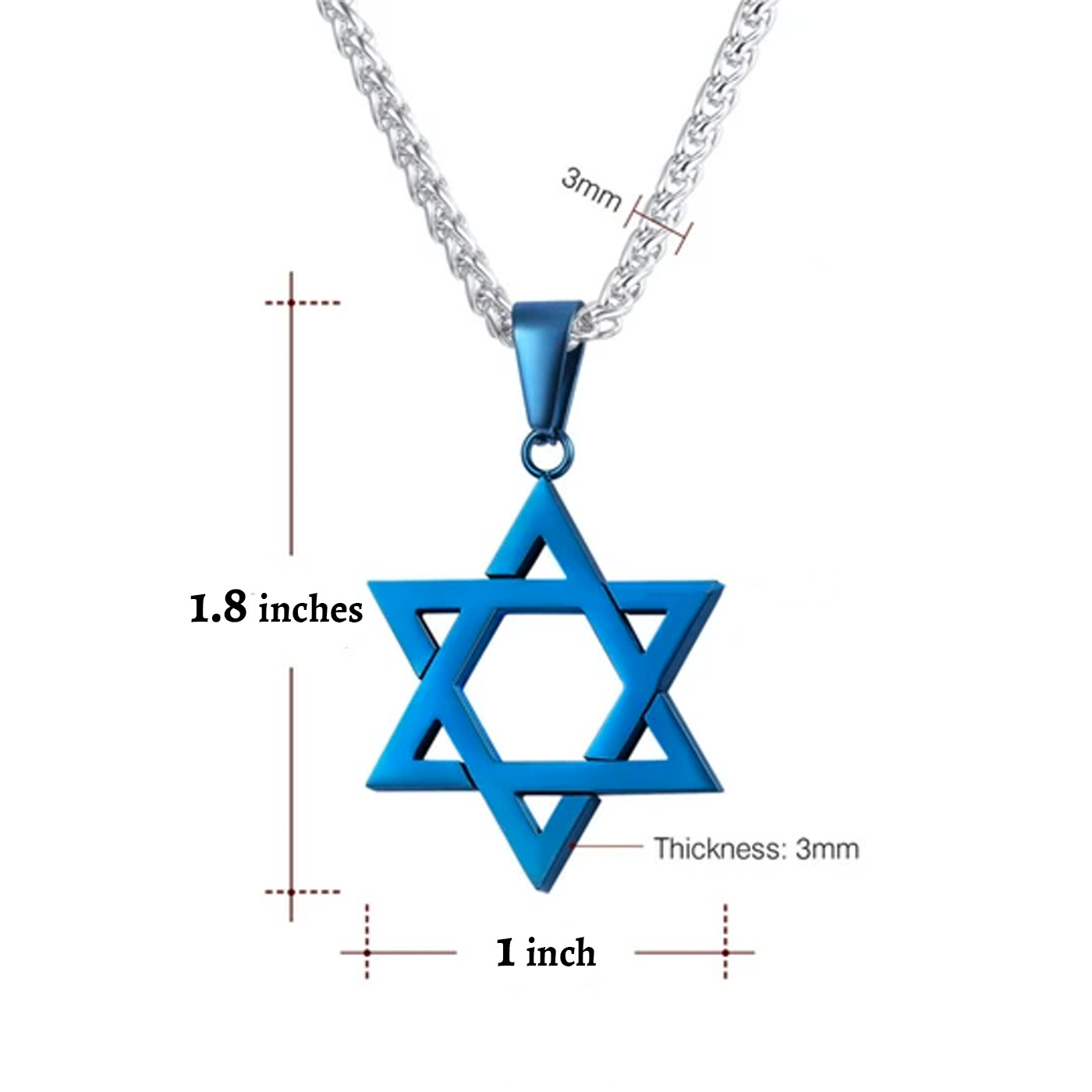 Star of David Pendant Necklace Chain christian Israel Jewish Blue Ion Plate