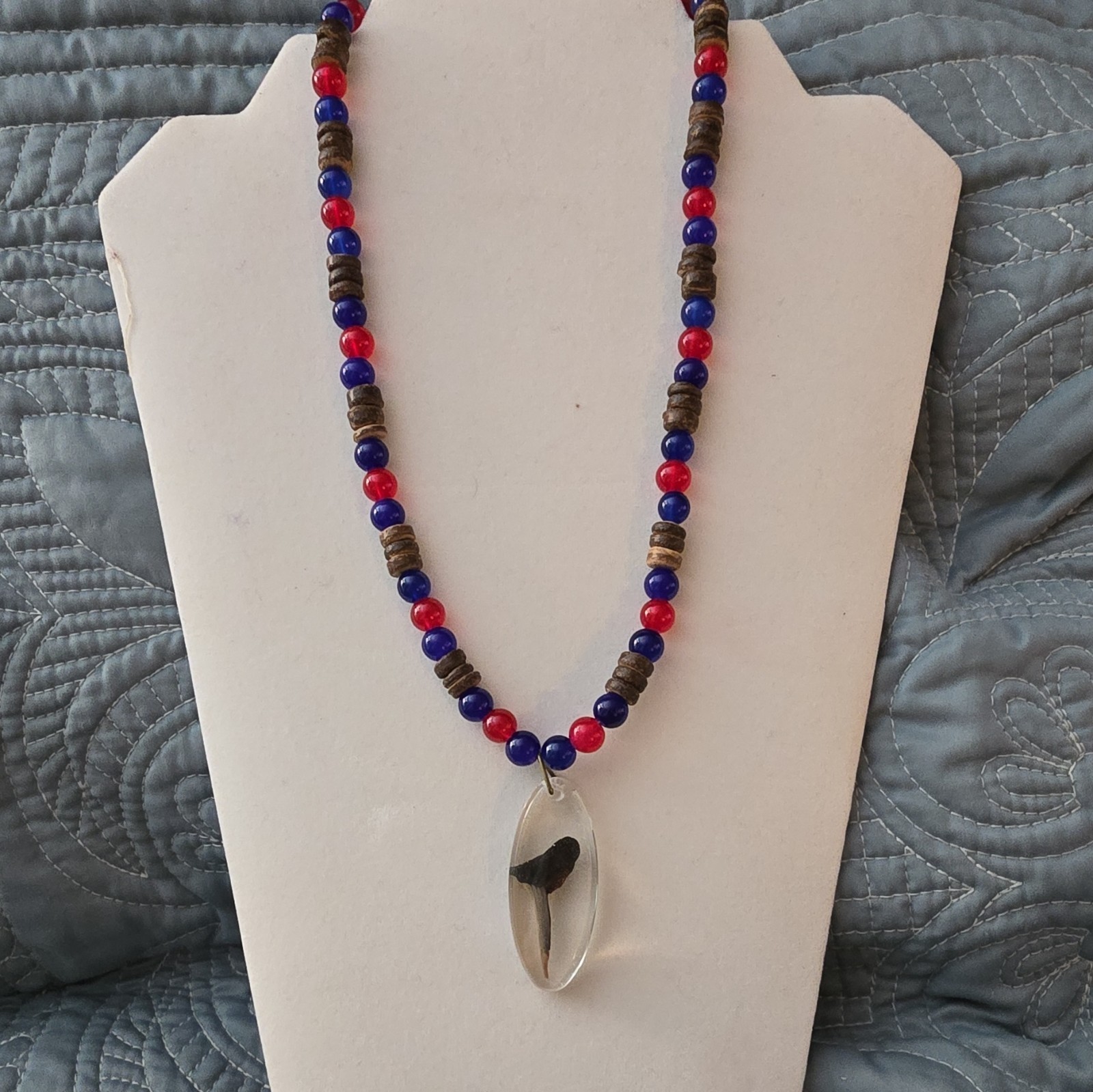 Shark Tooth Beaded Necklace, Clear Oval Charm Pendant, Red Blue Beads, Lobster