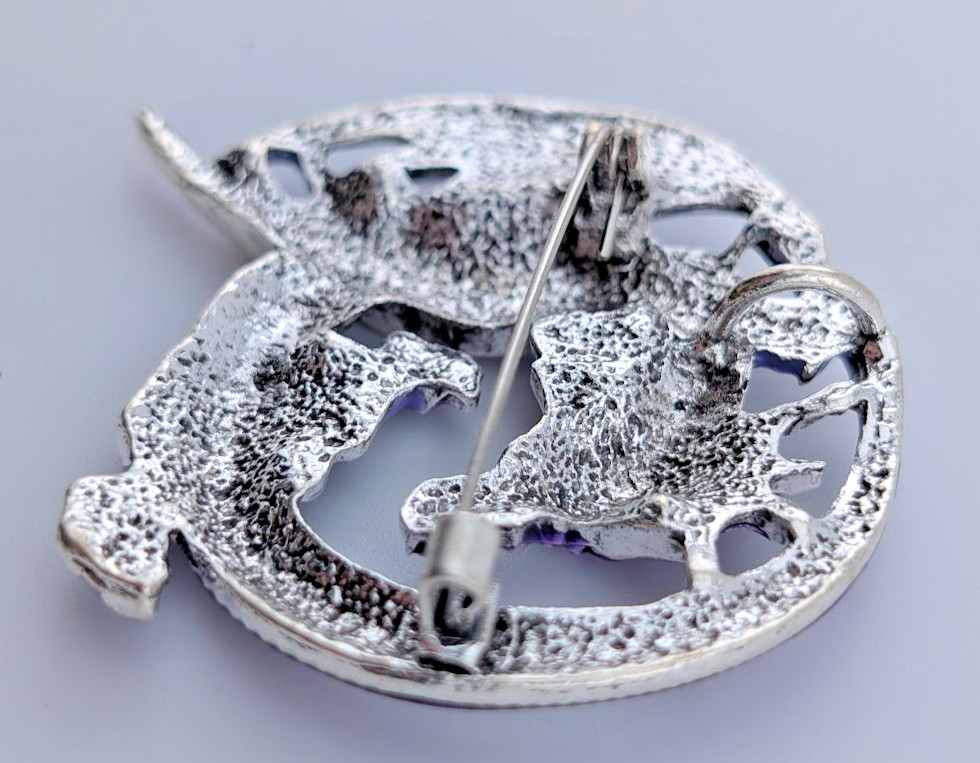 PURPLE WINGED DRAGON BROOCH PENDANT translucent enamel silvertone fantasy pin K5