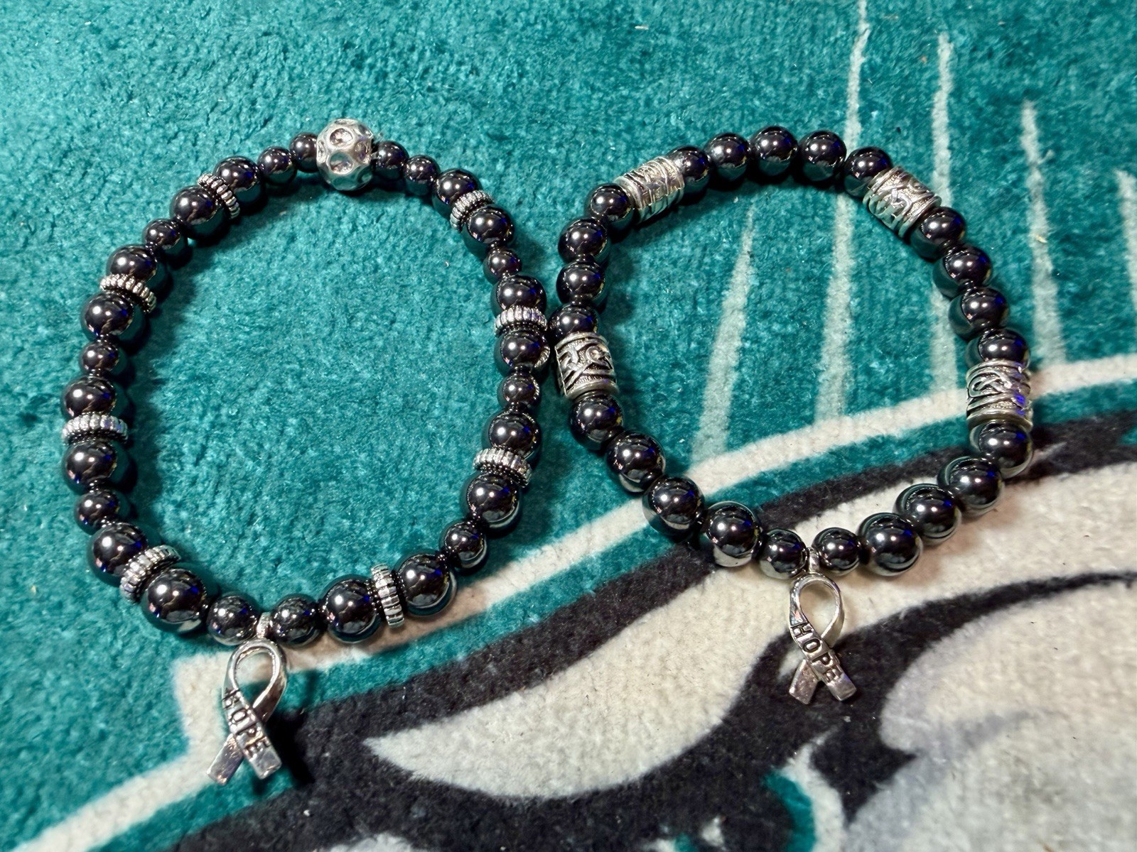 🔥Help! Black Beaded Stretch Slip-On Bracelet, Silver Cancer Awareness Ribbon🔥