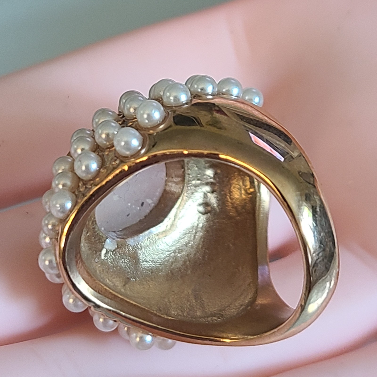 GORGEOUS Bronzetone Faux Pearl Cluster Cats Eye Cabochon Cocktail Ring 8.5