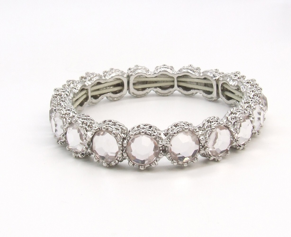 7″ Silver Tone Ornate Deep Bezel 8mm Round Clear Crystal Links Stretch Bracelet