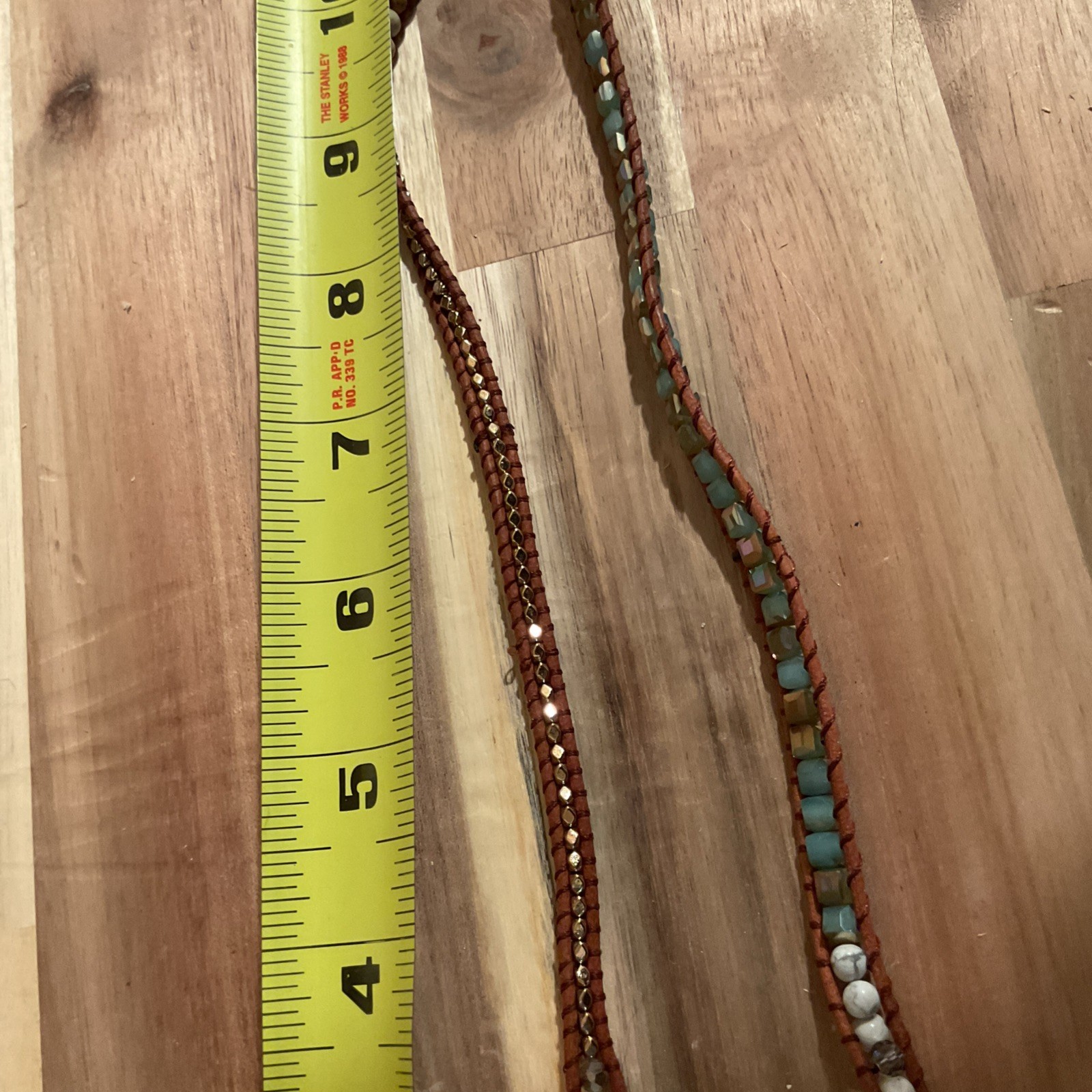 Blue Turquoise Color Stone Gold Edges Leather Beaded Necklace 17 Inches Long