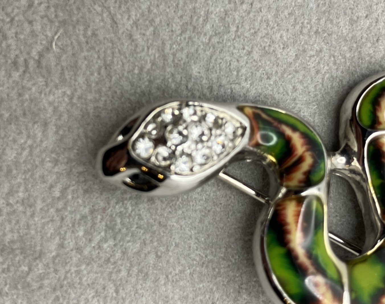 Silver Tone Enameled Snake Brooch Rhinestone Head 2.25 Inches