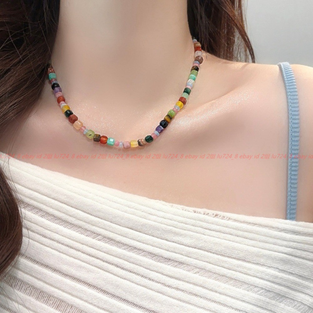 Pretty Rainbow Colors Natural Stone Turquoise Gems Square Bead Necklace 42+5cm