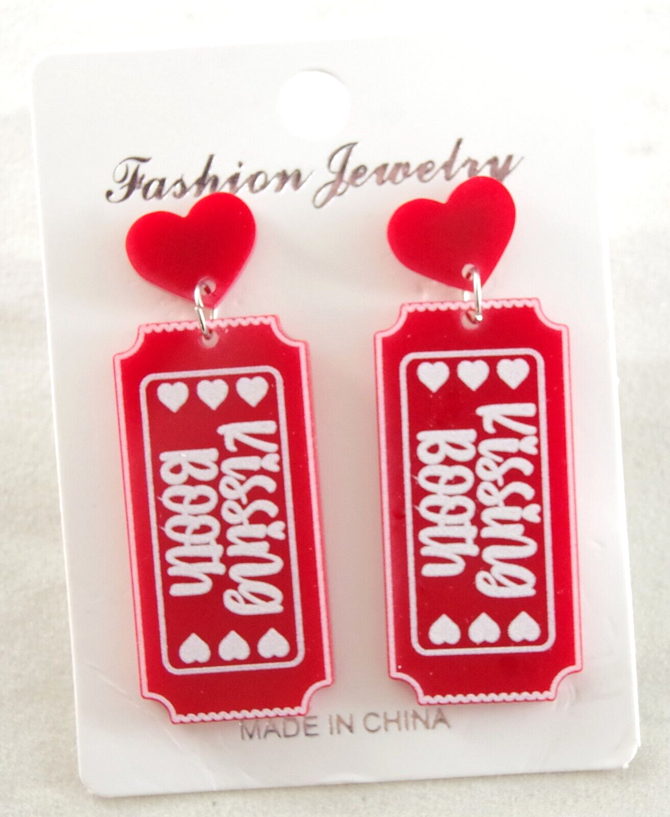 2 1/8″ NEW KISSING BOOTH TICKET VALENTINE HEART ACRYLIC DROP DANGLE EARRINGS