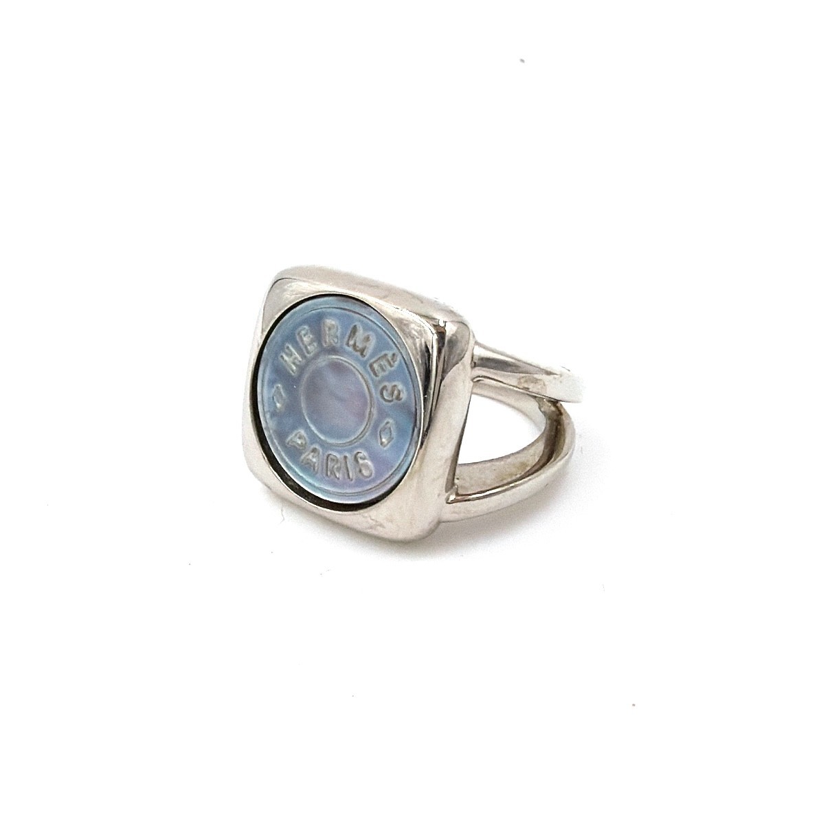 Hermes Serie Sellier Mother of Pearl Shell Square Ring Silver Size 51 10.8g Auth