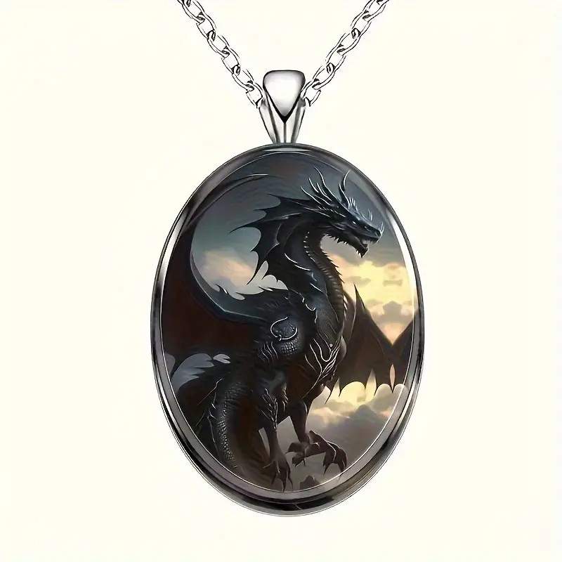 Dragon Dark Oval Jewelry Vintage Silvery Magical Gothic Pendant Necklace
