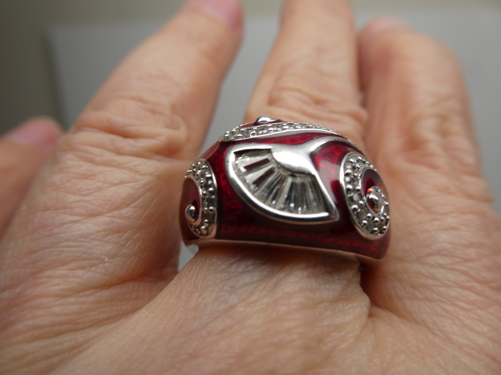 Victoria Wieck Dome Red Enamel & CZ Sterling Silver 925 Poppy Flower RING Size 8