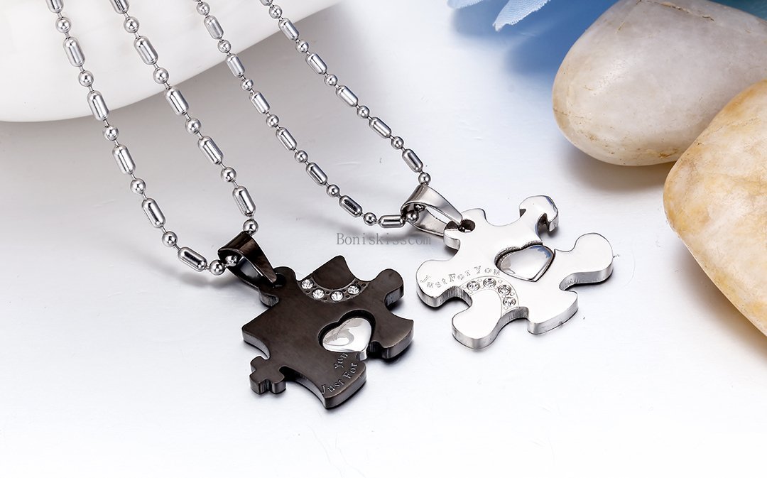 His and Hers Stainless Steel Love Heart Puzzle Pendant Couple Necklaces 1 Pair