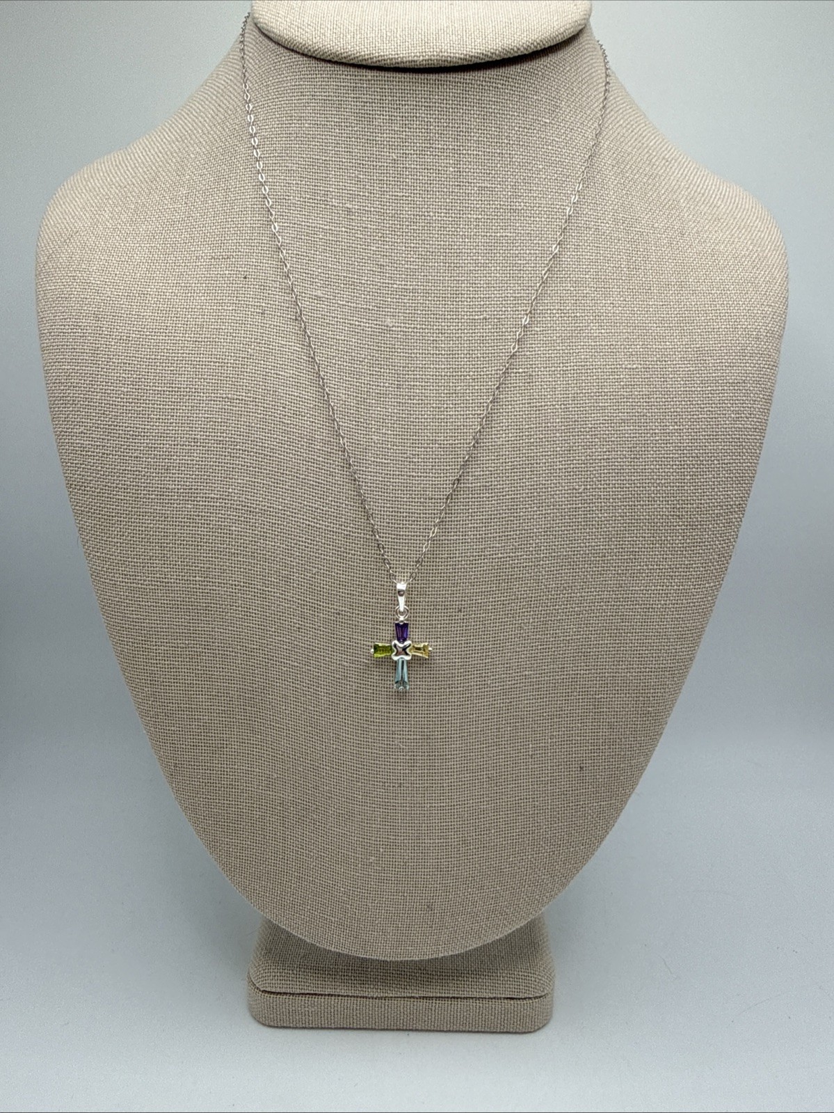 Multi Gemstone Sterling Silver Christian Cross Necklace Signed FAS