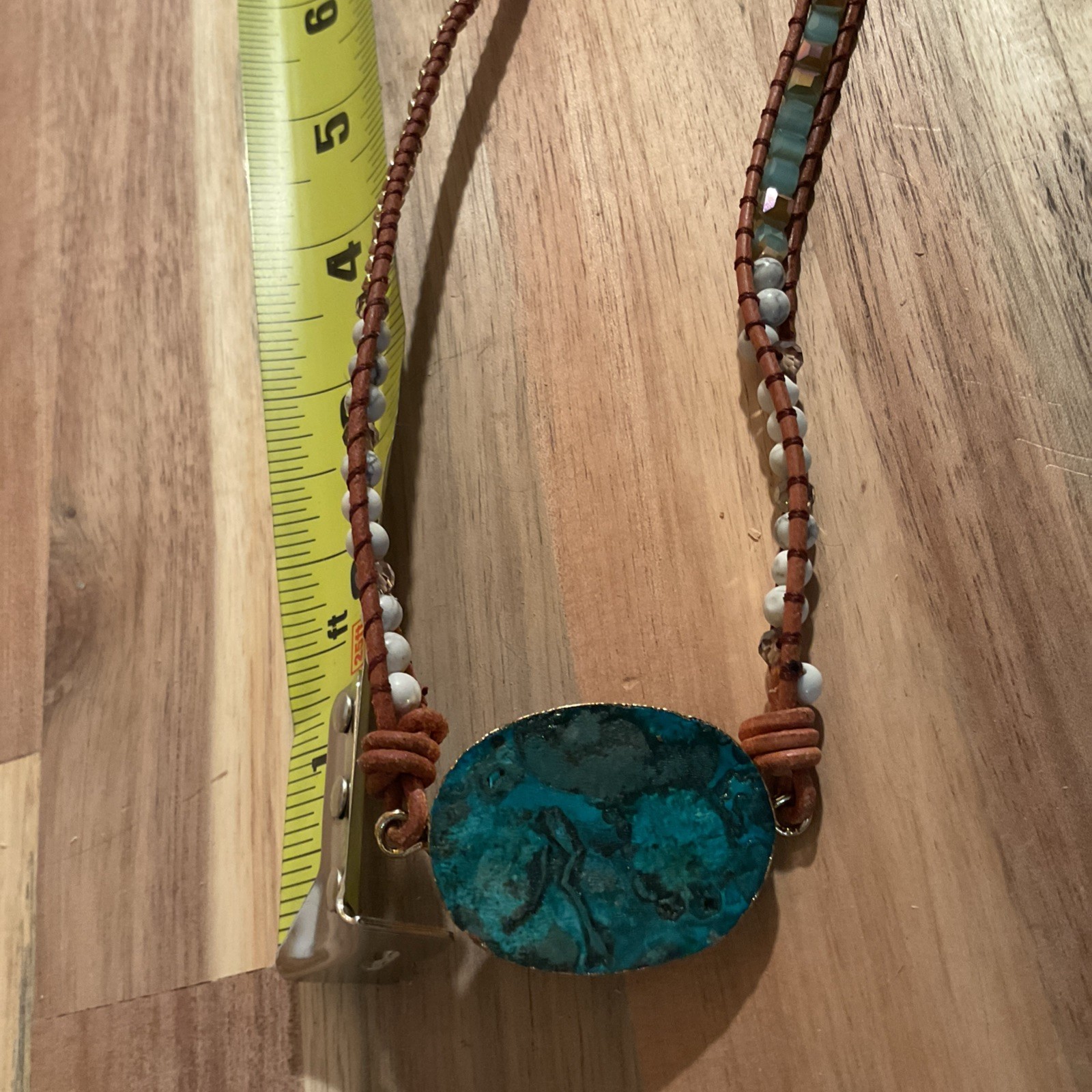 Blue Turquoise Color Stone Gold Edges Leather Beaded Necklace 17 Inches Long