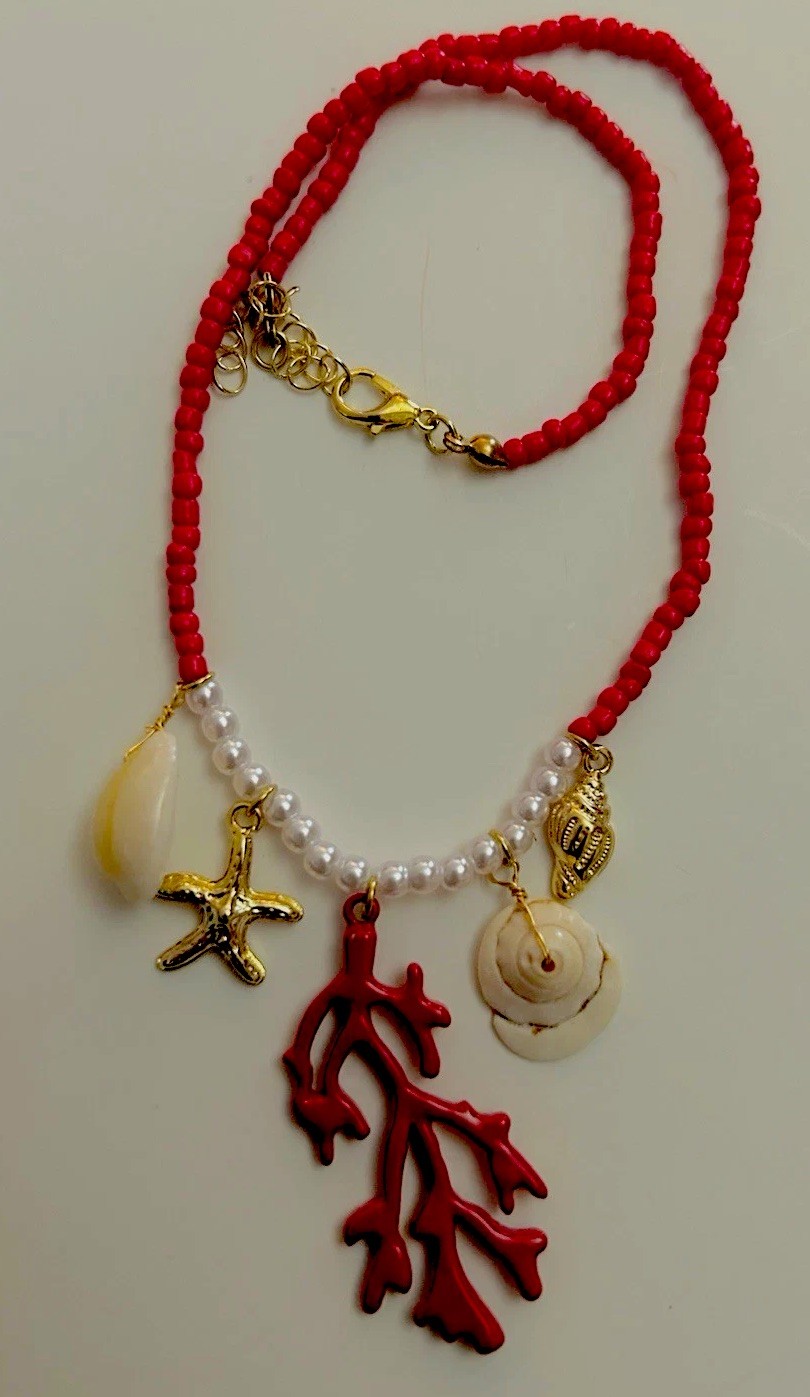 Stunning Gold Plated Beaded Red Enamel Coral Beach Seashells Necklace