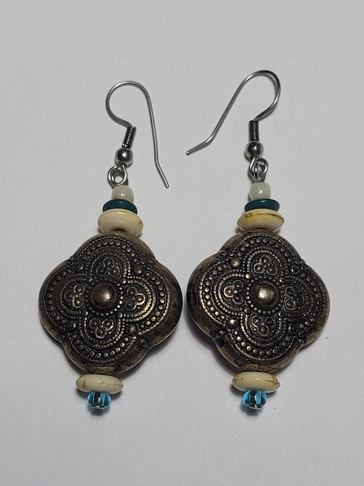 Bronzetone Boho Tribal Style Quatrefoil Clover Dangle Beaded Statement Earrings
