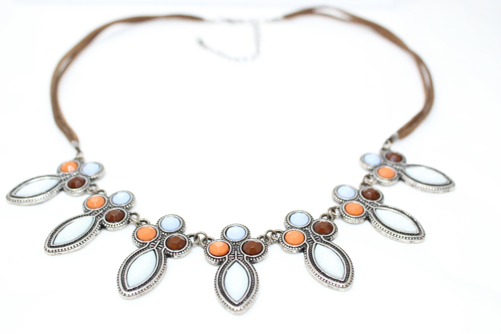 Pretty Silvertone & Leather Cord Rhinestone 19-22″ Necklace