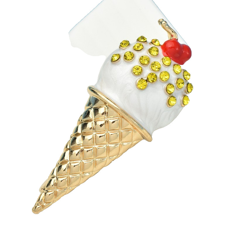 2PCS Ice Cream Cone Brooch Pin Enamel Rhinestone Dessert Sweet Treat Gold Tone