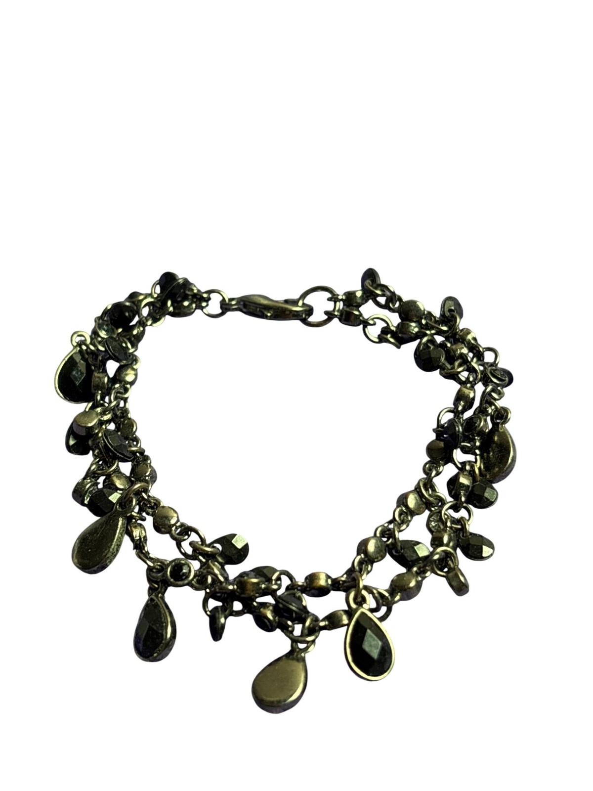 2 Strand Black and Clear Rhinestone Fringe Bracelet Gunmetal Chain 7 inches Long