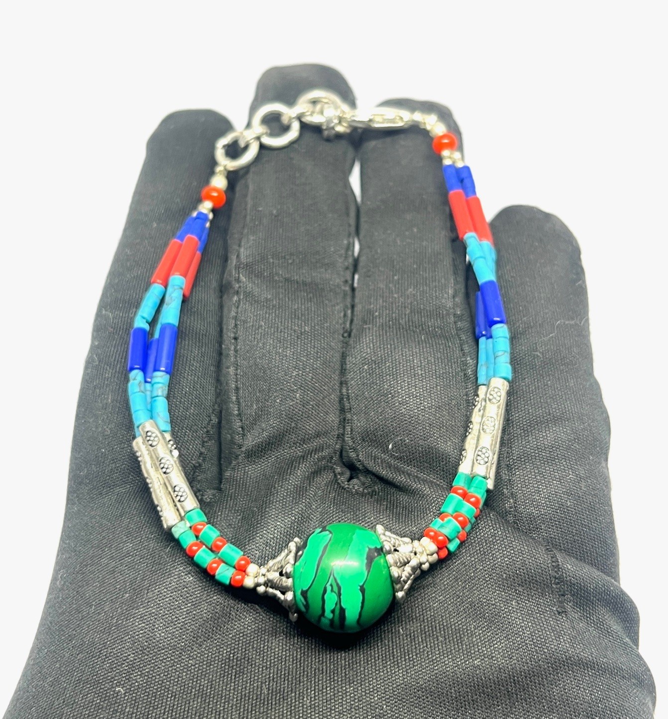 Vintage Malachite Turquoise Nepalese Silver Bracelet Jewelry, 7.0 Inch Adjs