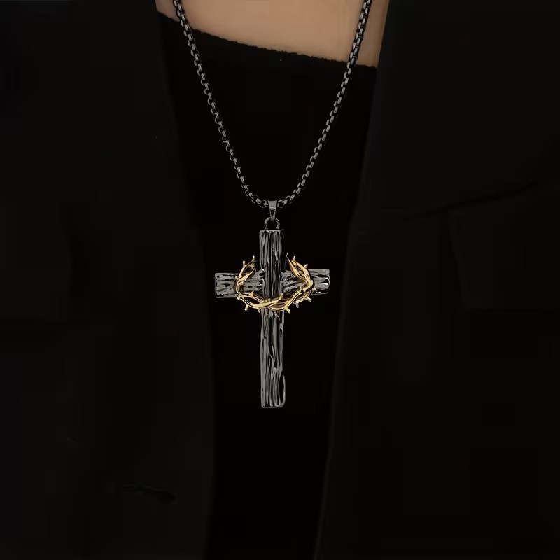 Black Christian Cross Necklace Crown of Thorns Pendant Religious Gift Jesus Mens