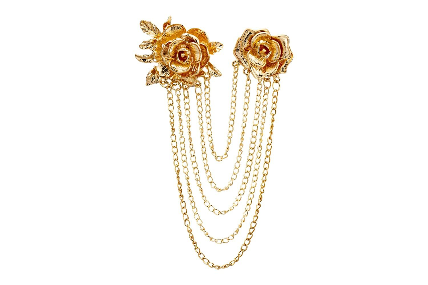 Elegant Golden Metal Rose with Hanging Chain Formal Executive Brooch for Men
